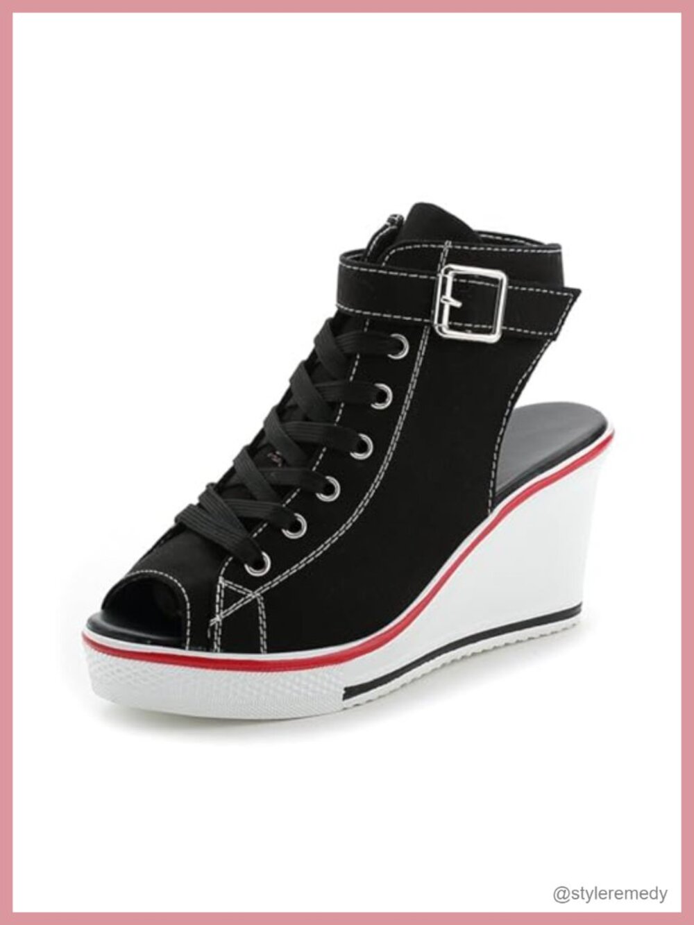 Women's Peep Toe Wedge Sneakers Canvas Platform Shoes Side Zipper Lace Up